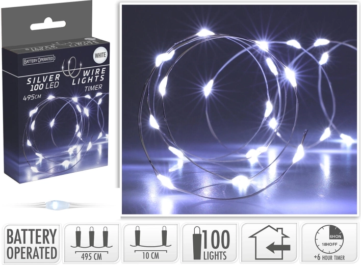 Iluminación LED navideña 4,95 m, 100 LED, blanco frío, en alambre, con temporizador - 1 unidad