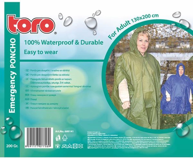 Poncho impermeable para adultos TORO 130 × 200 cm