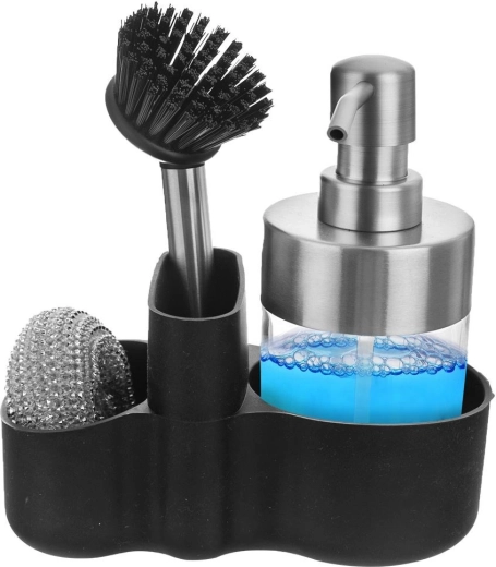 Organizador de cocina con dispensador, cepillo y estropajo de acero de 350 ml