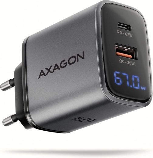 Cargador de red AXAGON GaN 67 W con USB‑C PD y USB‑A QC, pantalla LED