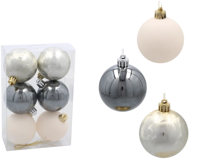 Set de 6 bolas navideñas de 6 cm en color champán, gris y blanco