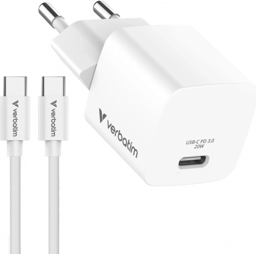 Mini cargador GaN Verbatim 20 W con cable USB-C 1 m