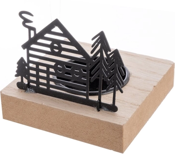 Portavelas decorativo con forma de casita de madera y metal 8 × 8 × 7 cm
