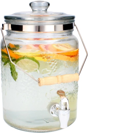 Recipiente de vidrio decorado para bebidas de 5 l con tapa de vidrio y grifo