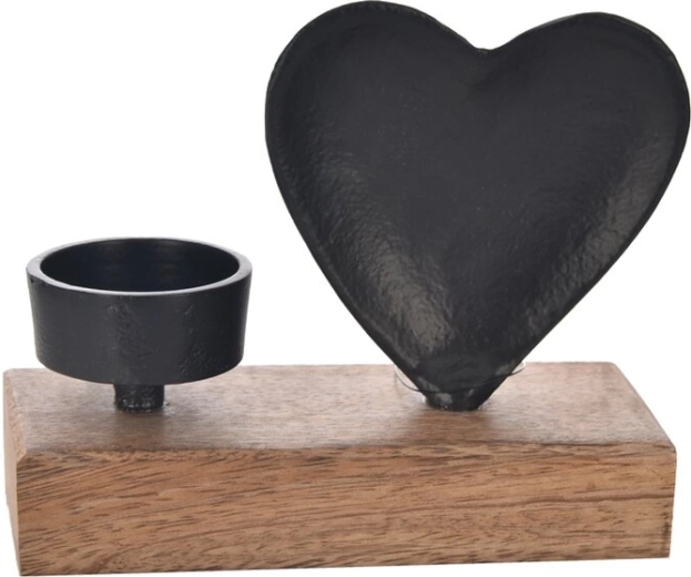 Portavelas de madera de mango y metal con corazón