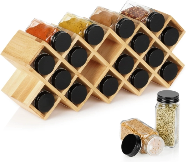 Soporte de bambú para especias Vilde con 18 tarros de vidrio, 42 × 10 × 17 cm