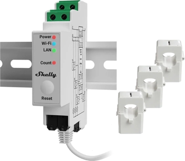 Shelly Pro 3EM Matter medidor eléctrico trifásico 120 A para carril DIN