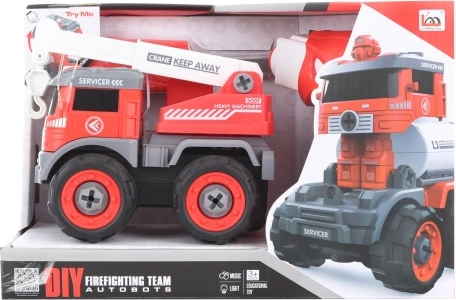 Coche de bomberos de montaje con tornillos con control remoto y transformación en robot