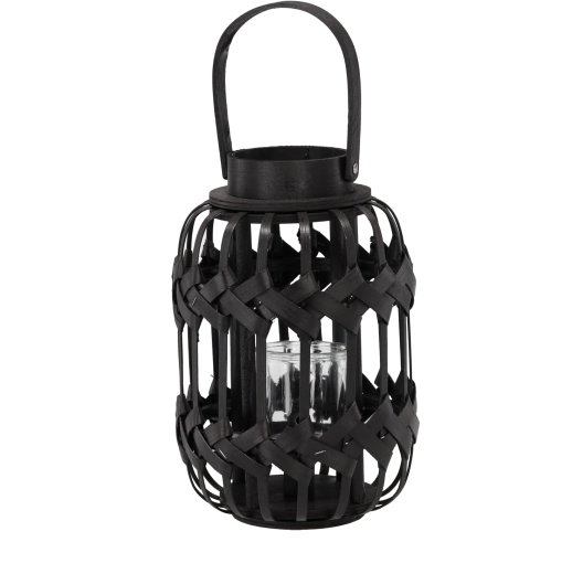 Farol/portavelas negro metálico con inserto de vidrio, altura 30/43 cm