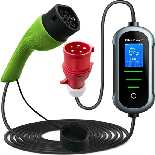 Cargador móvil Qoltec para vehículos eléctricos e híbridos enchufables 7 kW 230 V CEE 32A Wi‑Fi Tuya LCD 5 m
