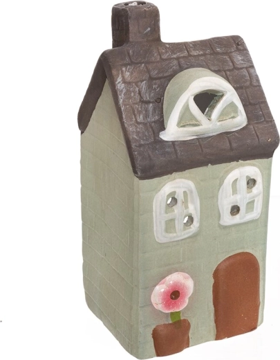 Portavelas de cerámica con forma de casita verde-gris 16 cm
