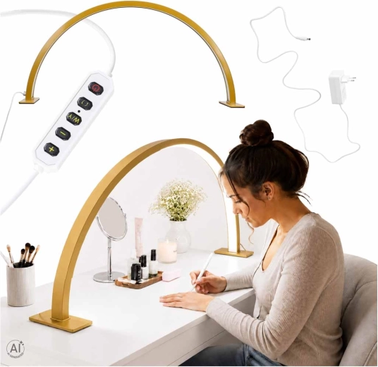 Lámpara de mesa cosmética LED dorada sin sombras, tipo arco, para manicura