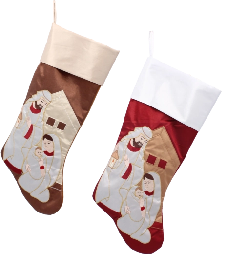 Calcetín navideño con motivo de la Sagrada Familia y el belén