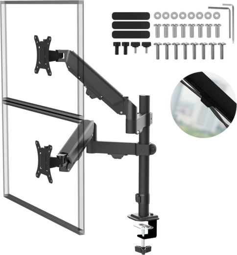Soporte doble para monitores de 17–32" con brazos abatibles y resorte de gas