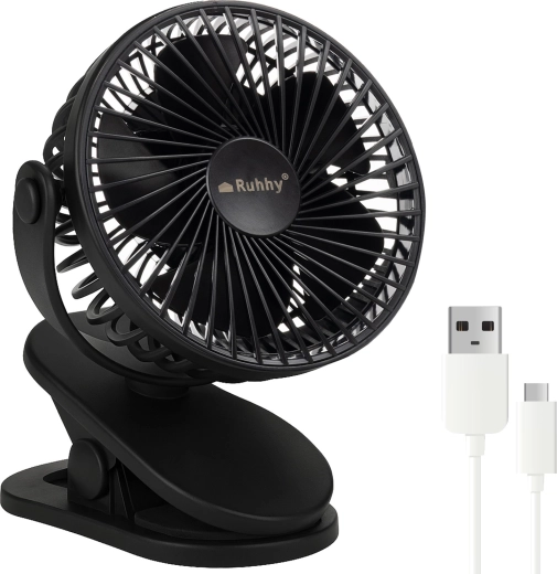 Ventilador de escritorio inalámbrico con clip Ruhhy, negro, USB‑C 1200 mAh
