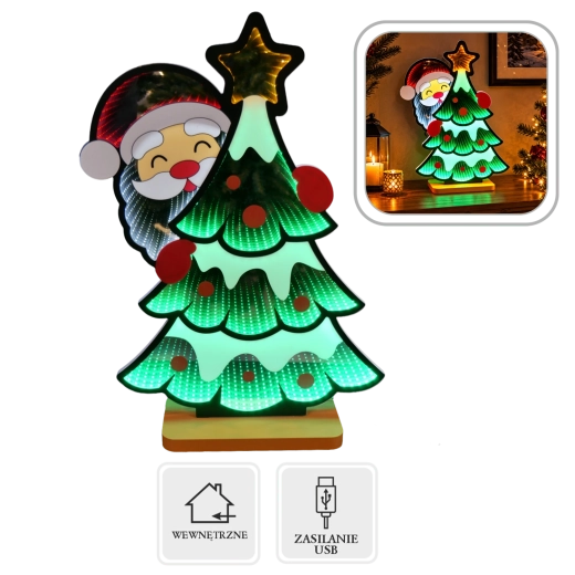 Decoración navideña 3D Santa Claus con arbolito con efecto LED de espejo infinito 37,6 × 12 × 55,9 cm