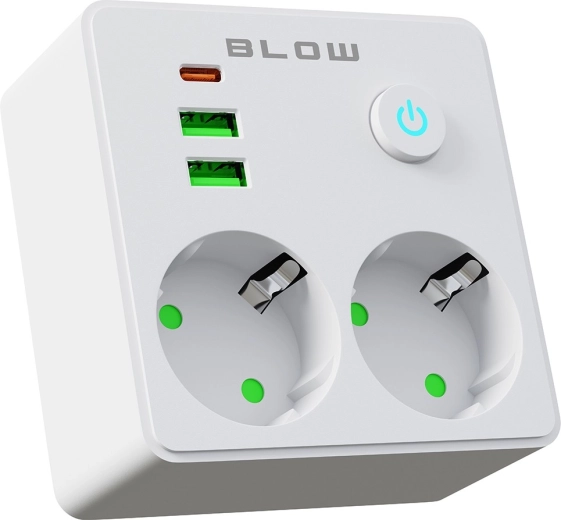 BLOW adaptador múltiple para enchufe con 2 tomas, 2× USB y USB‑C, blanco