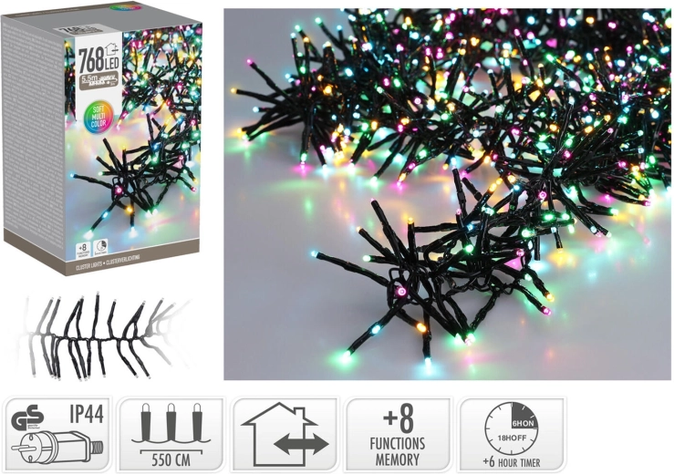 Guirnalda LED navideña 5,6 m, 768 diodos, colores arcoíris, 8 funciones con temporizador, para uso interior y exterior
