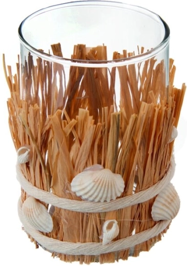 Portavelas SEA de vidrio con trenzado natural, marrón