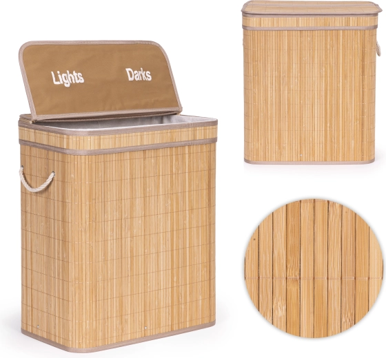 Cesto para la ropa ModernHome de bambú 100 l con 2 compartimentos y tapa