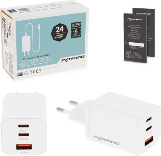 Cargador GaN Movano 65 W, 2× USB-C PD + USB-A blanco