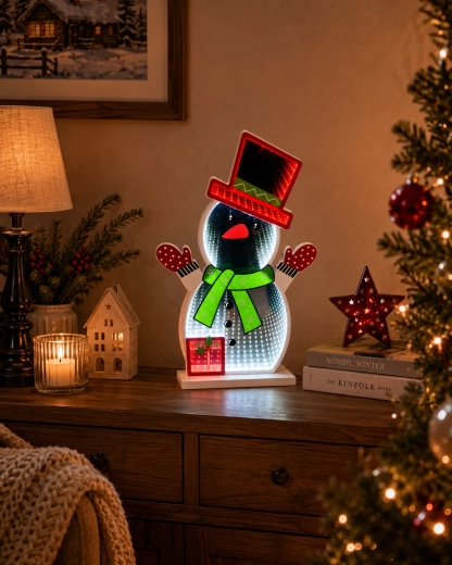 Decoración navideña 3D LED muñeco de nieve con efecto espejo Infinity - 1 pieza