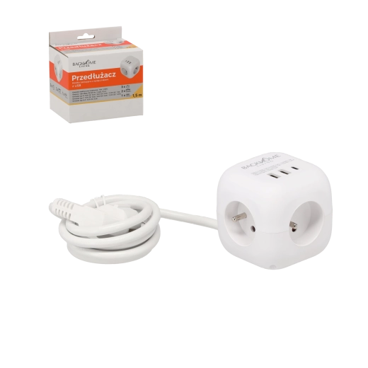 Ladrón de enchufes en forma de cubo con 3× 230 V y 3× USB, 1,5 m, blanco