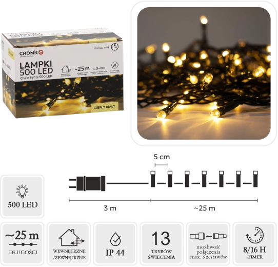 Cadena LED navideña 500 luces, blanco cálido, 25 m para interior y exterior