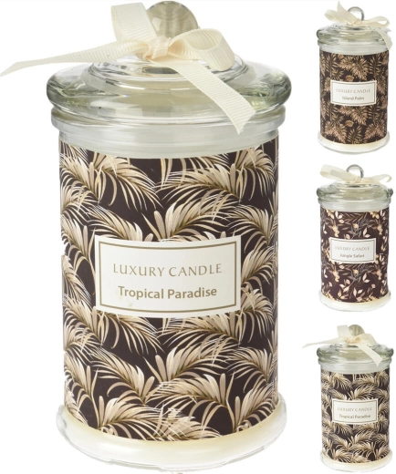 Vela aromática en tarro de cristal con tapa – Tropical Paradise, Jungle Safari, Island Palm