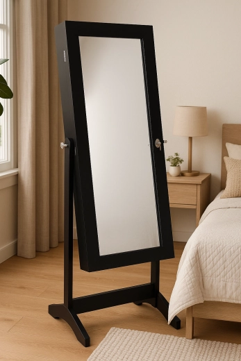 Joyero negro con espejo de pie 41,5 × 36,5 × 147 cm