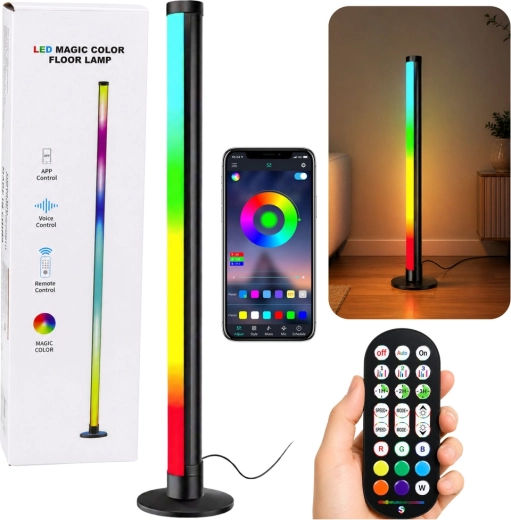 Lámpara de pie de esquina LED RGB de 90 cm con modo música, aplicación y mando a distancia