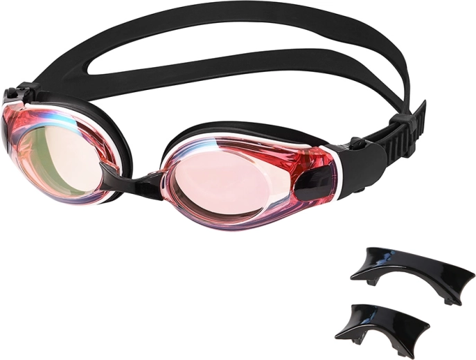 Gafas de natación NILS Aqua con anti‑fog y protección UV, negras con espejo arcoíris