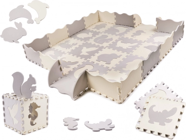 Alfombra educativa de espuma tipo puzle, gris y ecru, 36 piezas, 150 × 150 cm