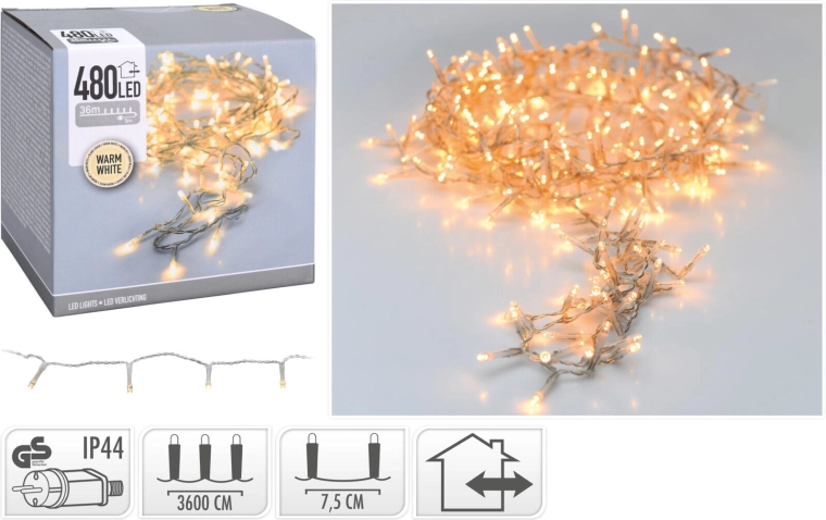 Cadena LED navideña 36 m, 480 LED, blanco cálido, cable transparente, IP44