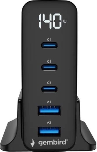 Cargador GaN universal de 140 W con LCD, 3× USB-C y 2× USB-A, negro