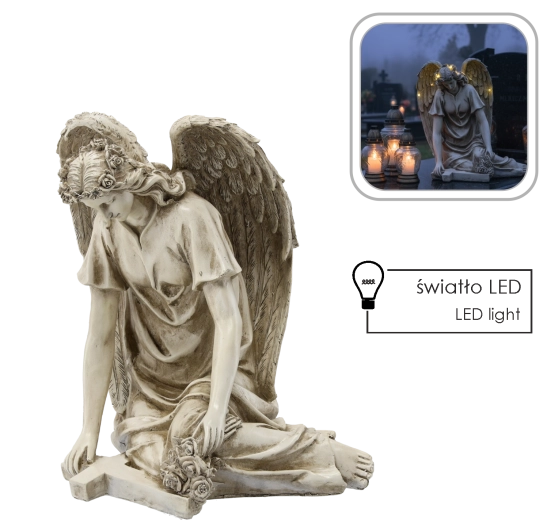 Estatua de ángel con cruz y corona LED, beige 34 × 26,5 × 38 cm