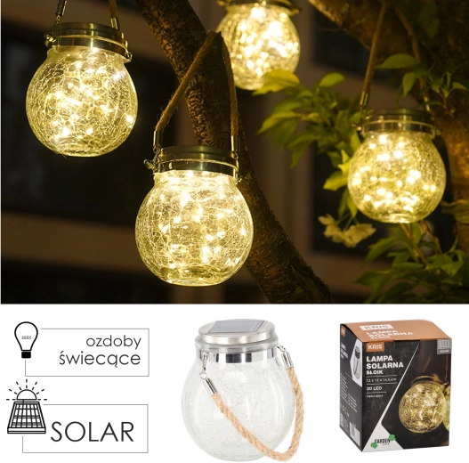 Farol colgante solar con forma de tarro de cristal agrietado 12 × 12 × 14,5 cm, blanco cálido