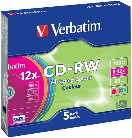 Verbatim CD-RW Colour 700 MB 12x en caja Slim Case - 5 unidades