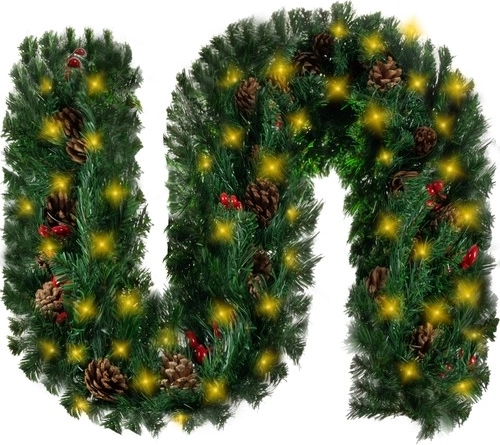 Guirnalda navideña de 270 cm con luces LED cálidas y adornos naturales