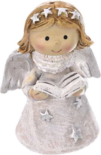 Ángel con libro de polirresina, gris