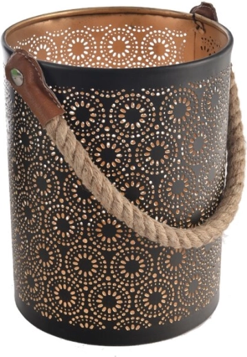 Portavelas DOT de metal y yute en negro y dorado 20 cm