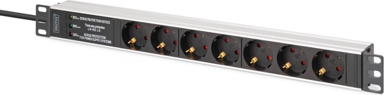 Regleta PDU para rack 19" con protección contra sobretensiones y filtro EMI/RFI, 7 tomas Schuko, cable de 2 m, enchufe CEE 7/7, 16 A