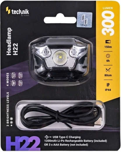 Frontal Technik H22 con USB‑C, luz blanca, roja y verde (300 lm)