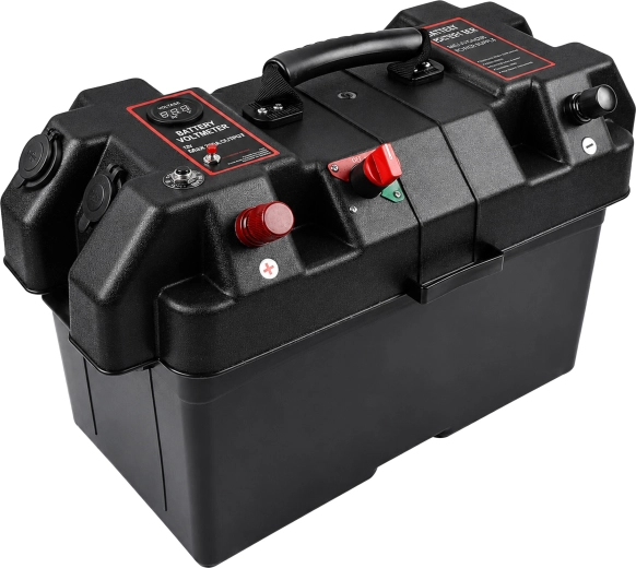 Caja portátil para batería de 12 V con voltímetro y 2× USB