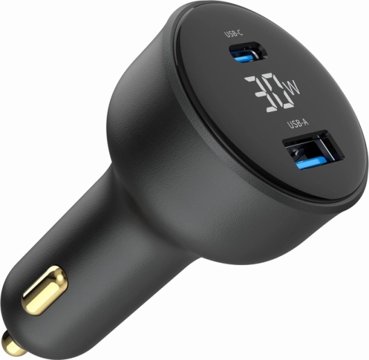 Cargador rápido para coche de 30 W con LCD, USB‑C PD y 2× USB‑A, negro