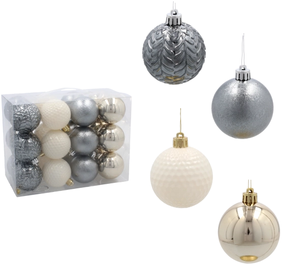 Juego de bolas navideñas de 6 cm – champán, gris y blanco (24 uds)