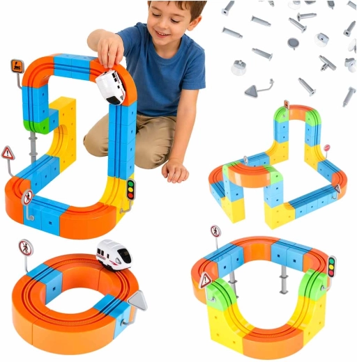 Juego de construcción magnético – pista de carreras con tren 65 piezas