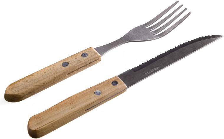 Juego de cubiertos para steak PARTY de acero inoxidable con mango de madera clara (6+6 uds.)