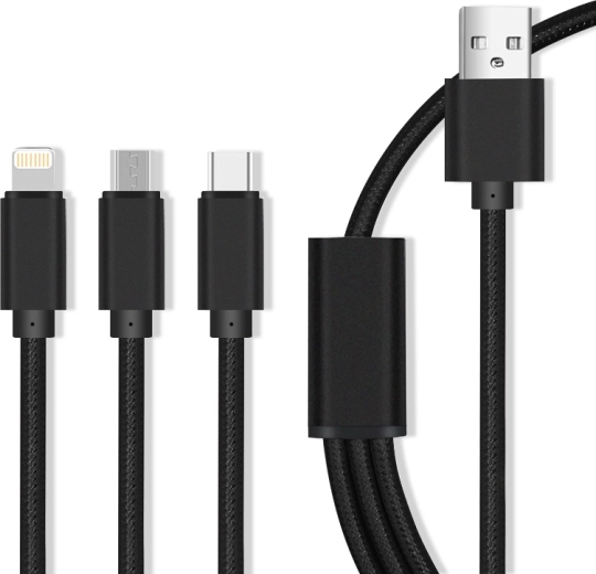 Cable de carga Maxlife de nailon 3 en 1 Micro USB / USB‑C / Lightning 2,1 A, negro