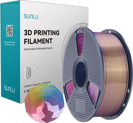 Filamento Sunlu PLA+ Silk de cuatro colores azul–morado–rojo–dorado
